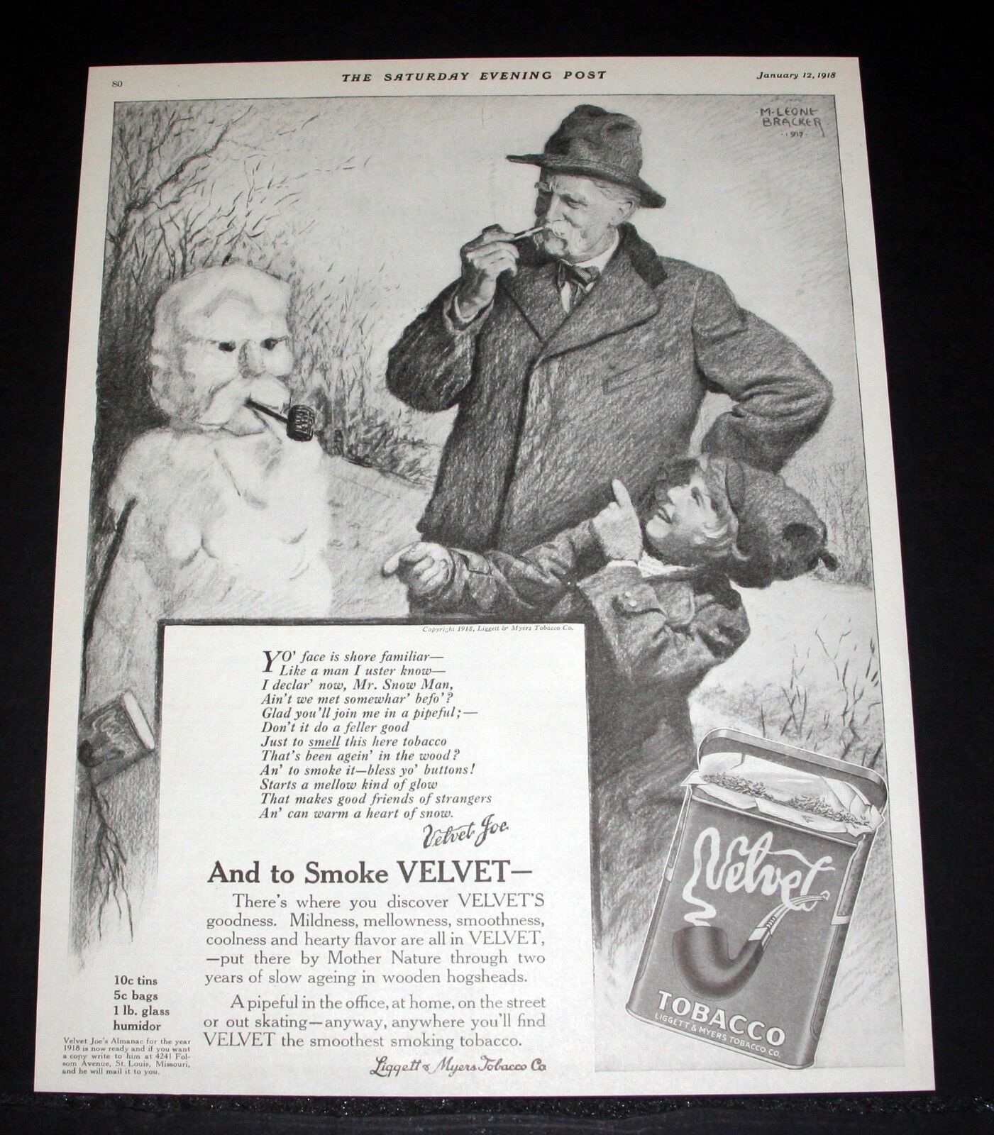 1918 OLD WWI MAGAZINE PRINT AD, VELVET PIPE TOBACCO, COOLNESS & HEARTY FLAVOR