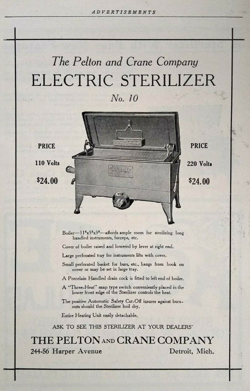1917 Detroit Pelton Crane Electric Sterilizer Antique Dental Equipment Print Ad