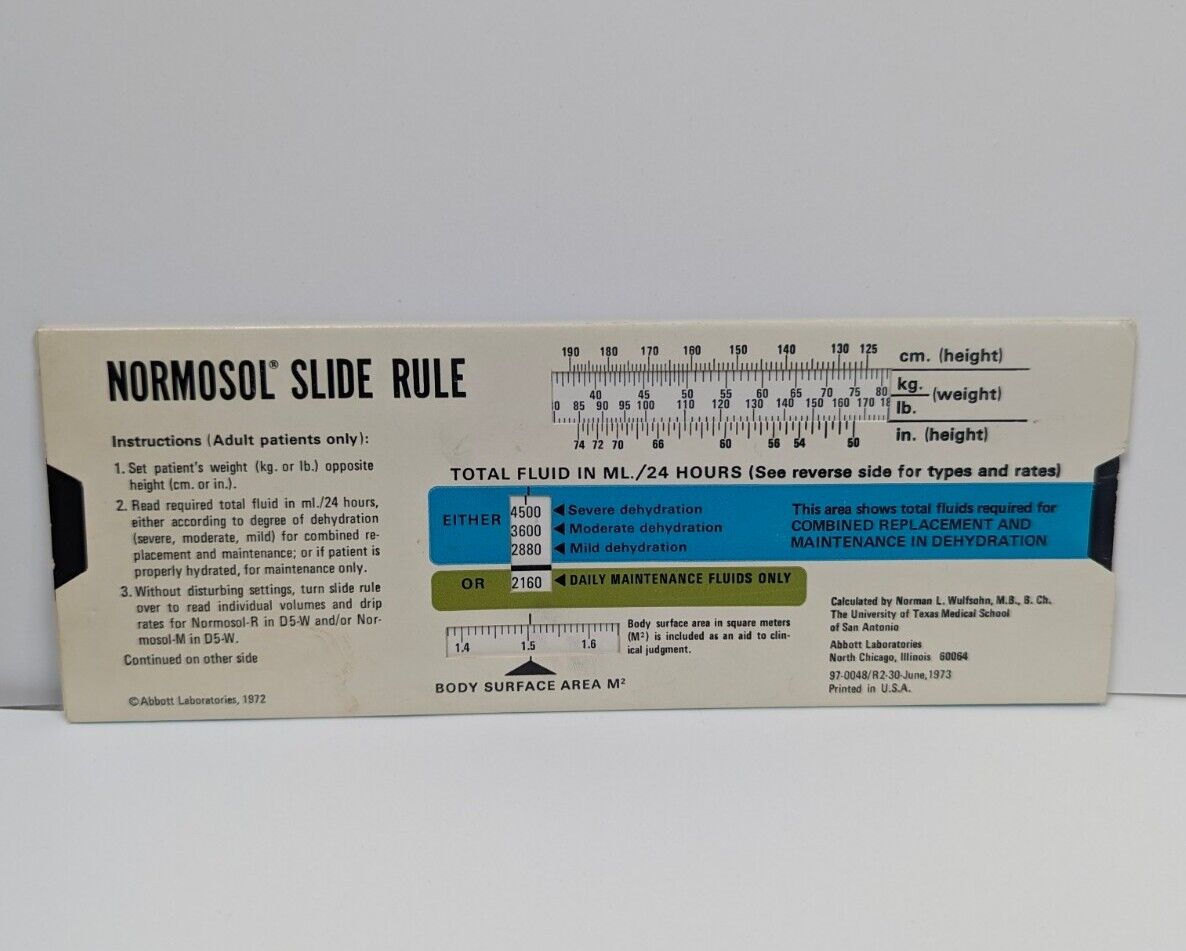 Vtg Abbot Laboratories Normosol Slide Rule IV Hydration Chart 1972 Rare