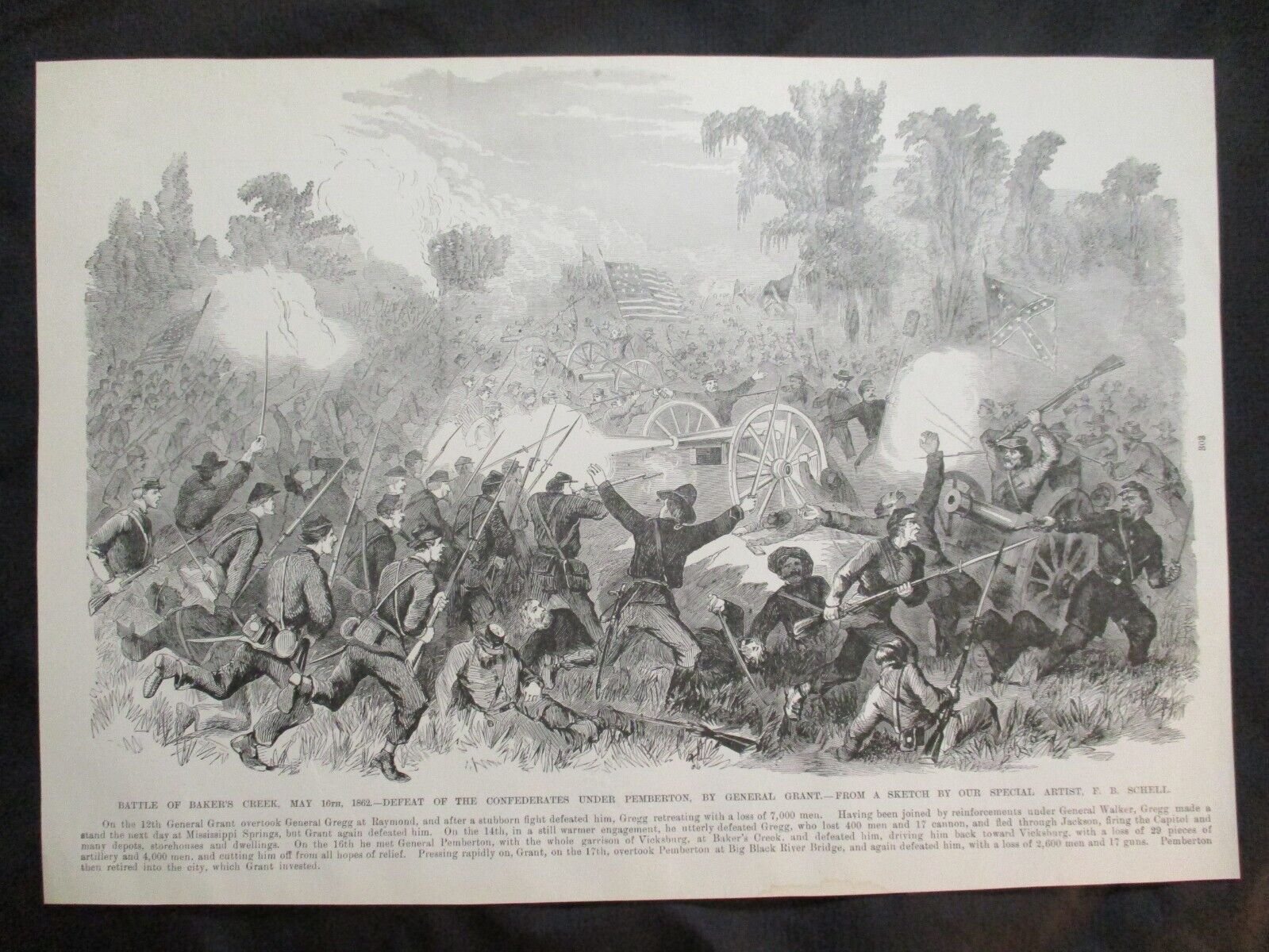1884 Civil War Print - Defeat of Confederates Under Pemberton, Bakers Creek, MS