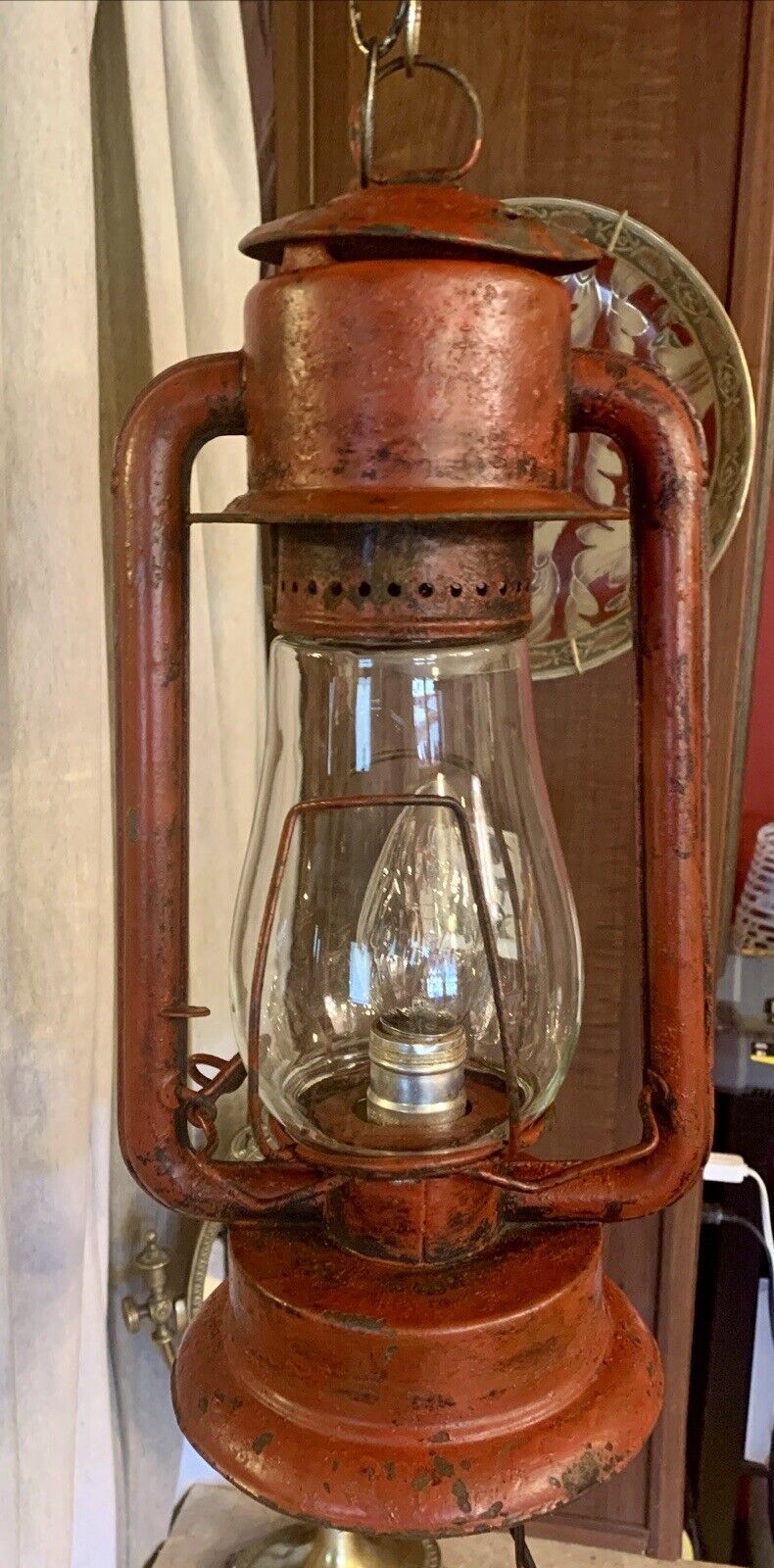 Vintage Dietz? Red Metal Hanging Lantern Oil Lamp Converted Electric Light