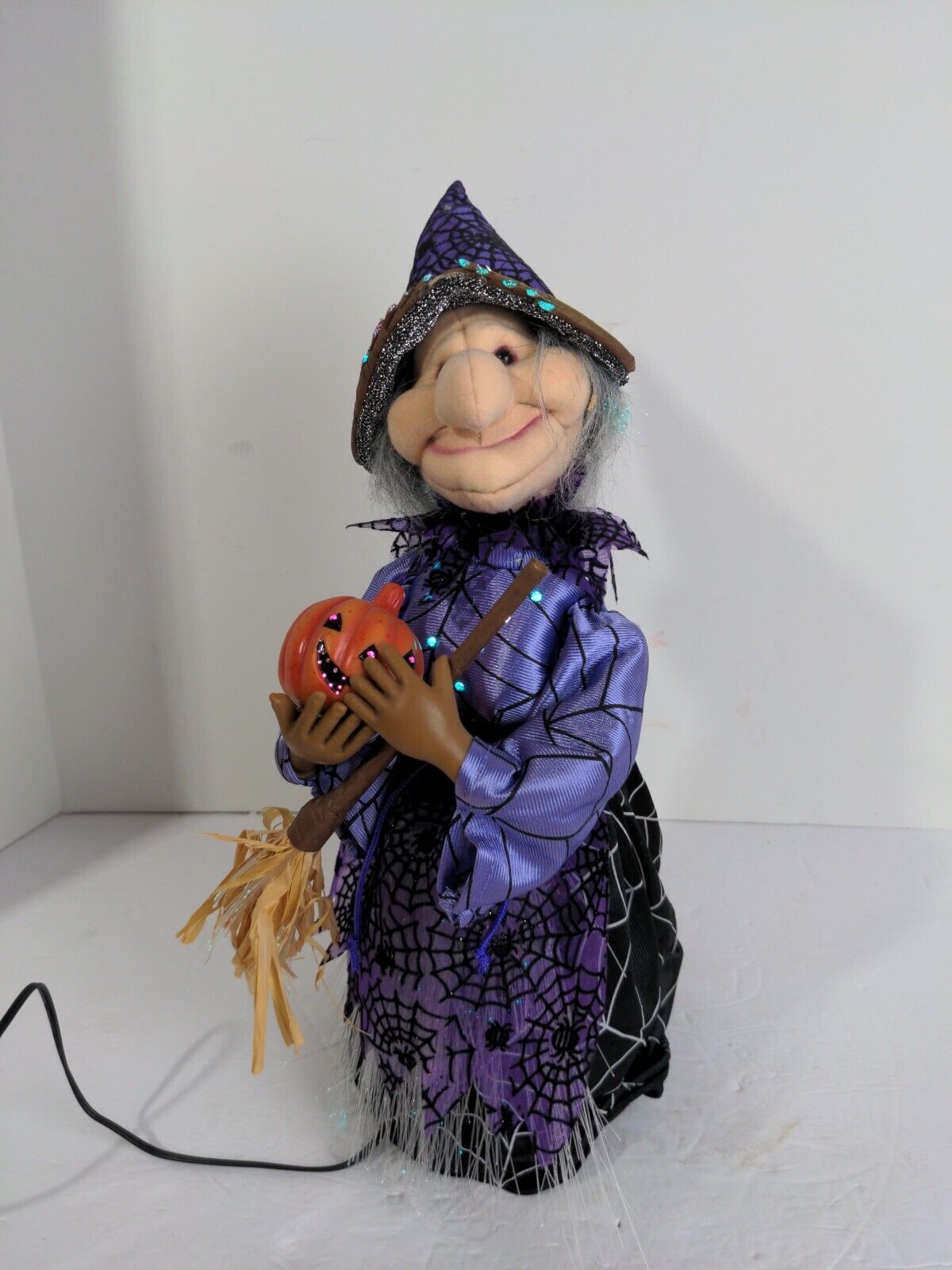 Halloween Witch Fiber Optic Broom Stick Pumpkin Spider Web Design on Dress