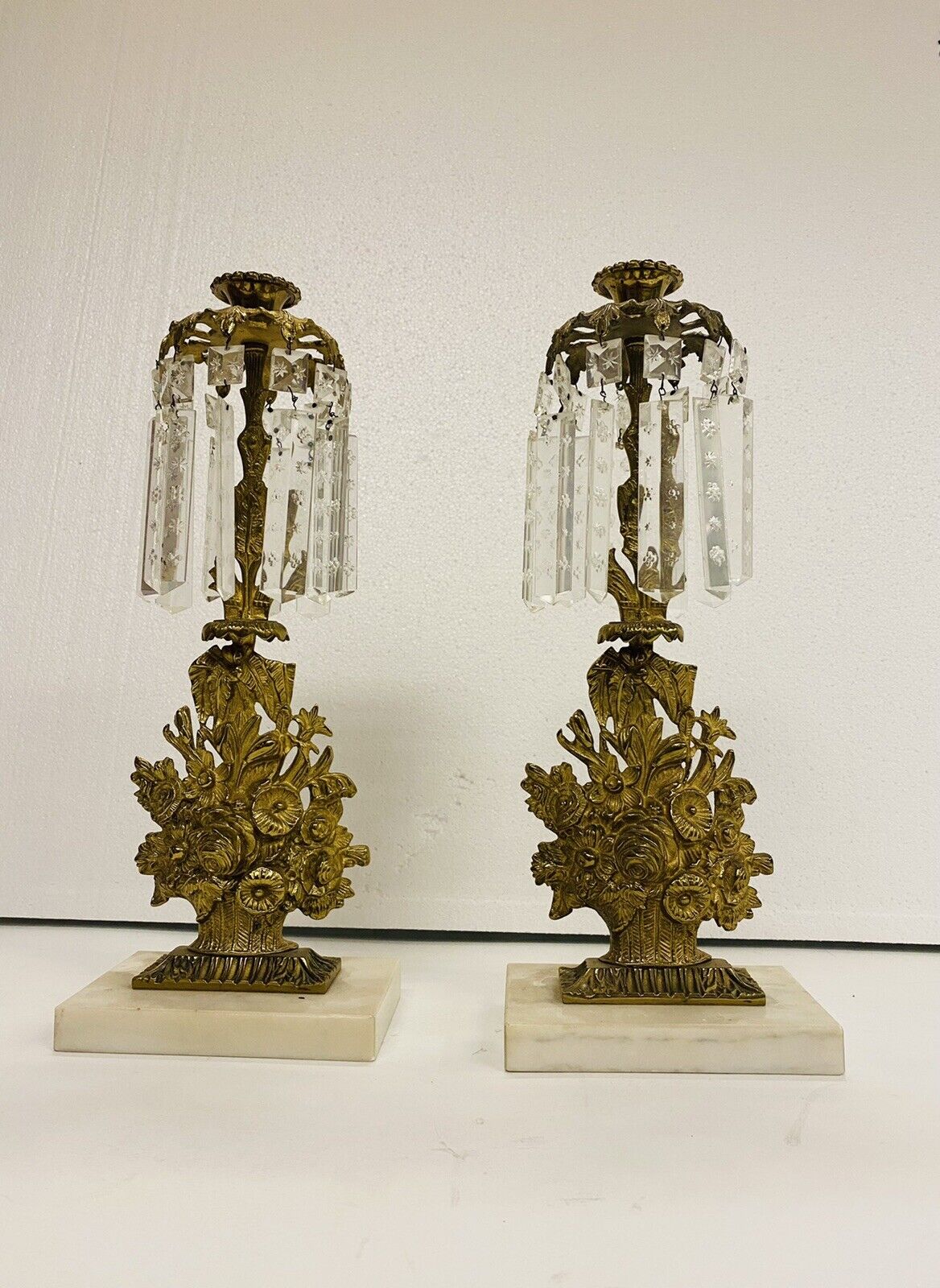 Antique French Floral Gilt/Golden Brass and Crystal Girandole 