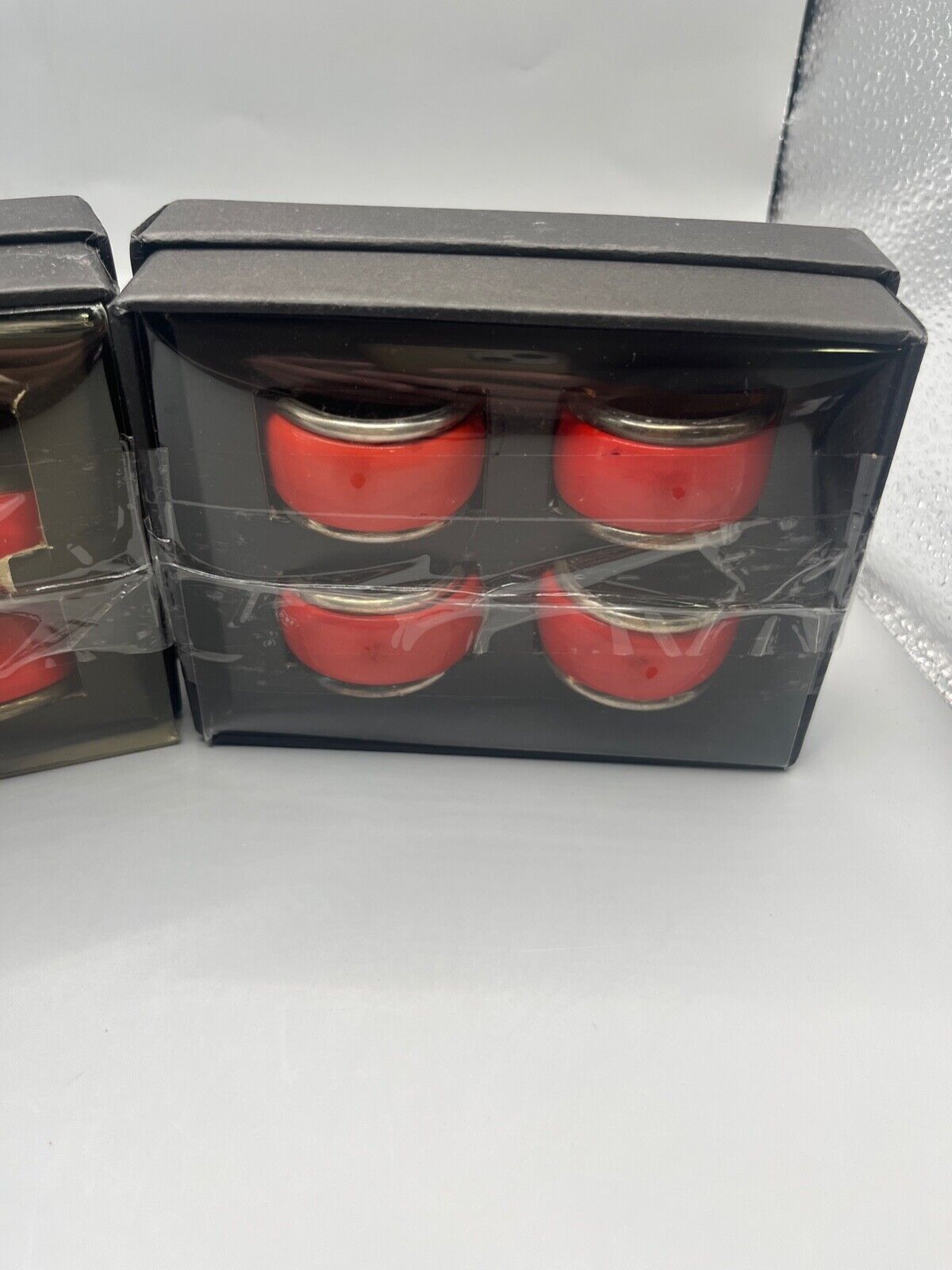 Vintage Set of 8 Saks Fifth Avenue Red Porcelain & Silver Napkin Rings with Box