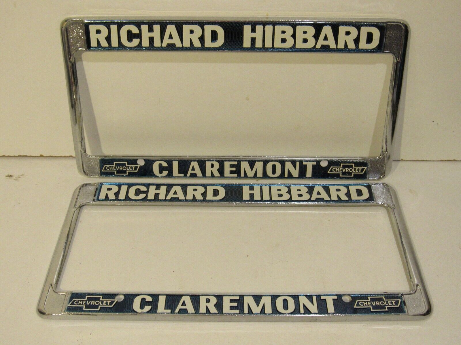  Set Richard Hibbard Claremont Chevrolet License Plate Frames Pair Embossed 