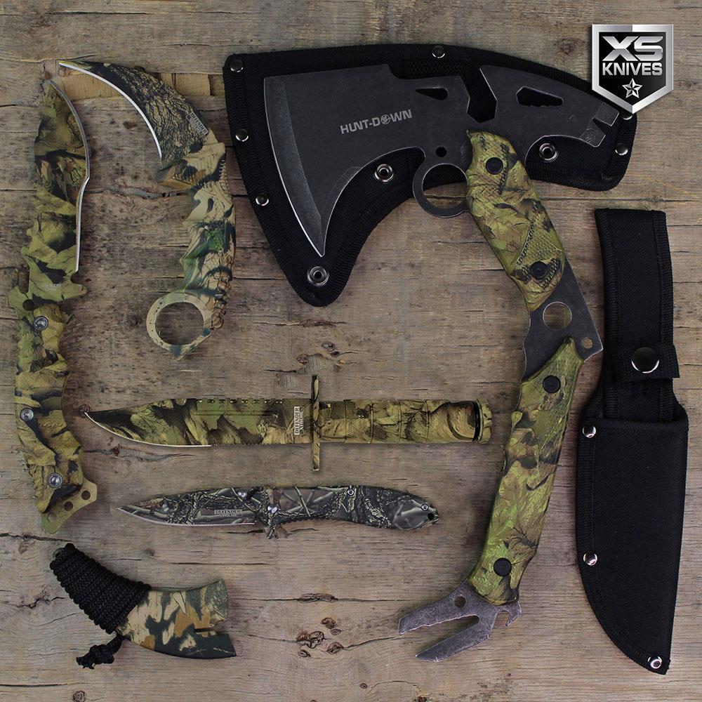5pc Tactical Camo Set Fixed Blade Hunting THROWING KNIVES Pocket Knife KARAMBIT