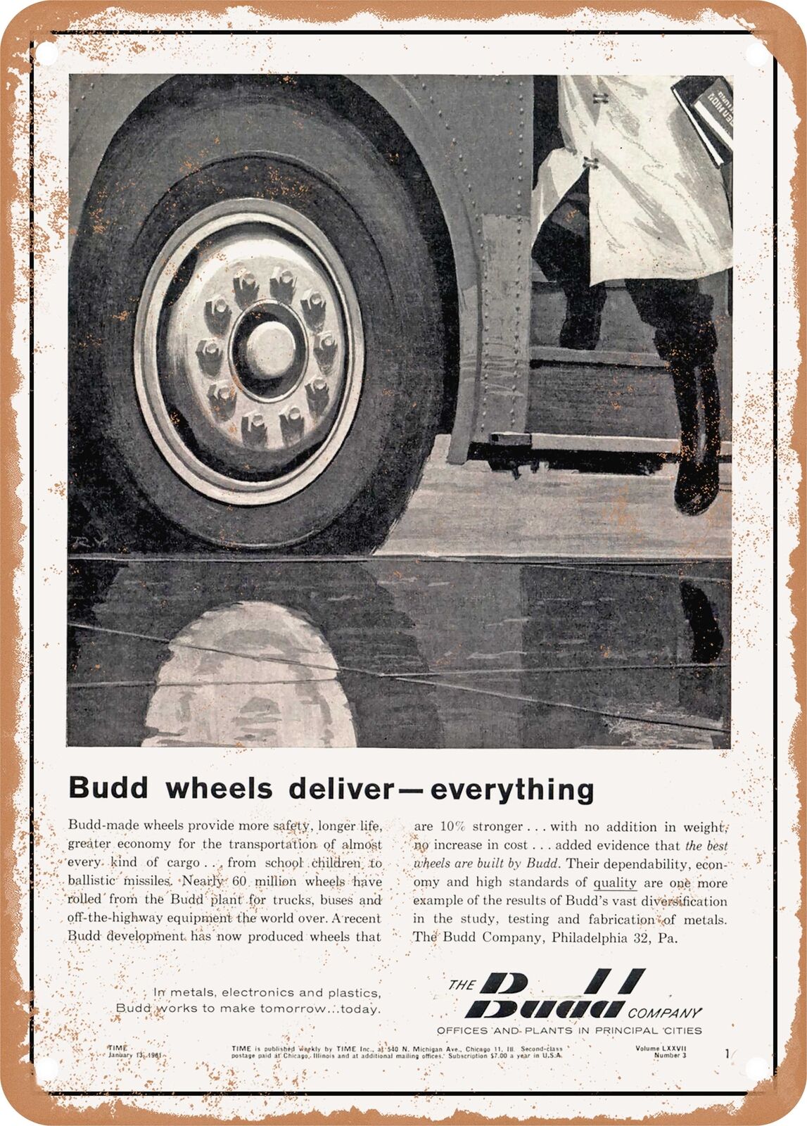 METAL SIGN - 1961 Budd Wheels Deliver Everything Vintage Ad
