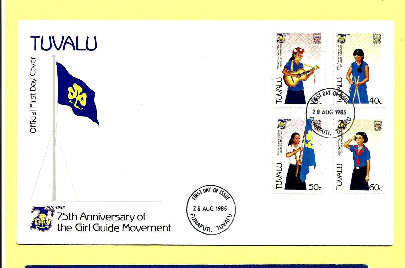 1985 TUVALU 75th Anniv. FDC Guides Stamp Cover Envelope Girl/Boy Scout fdc#5178