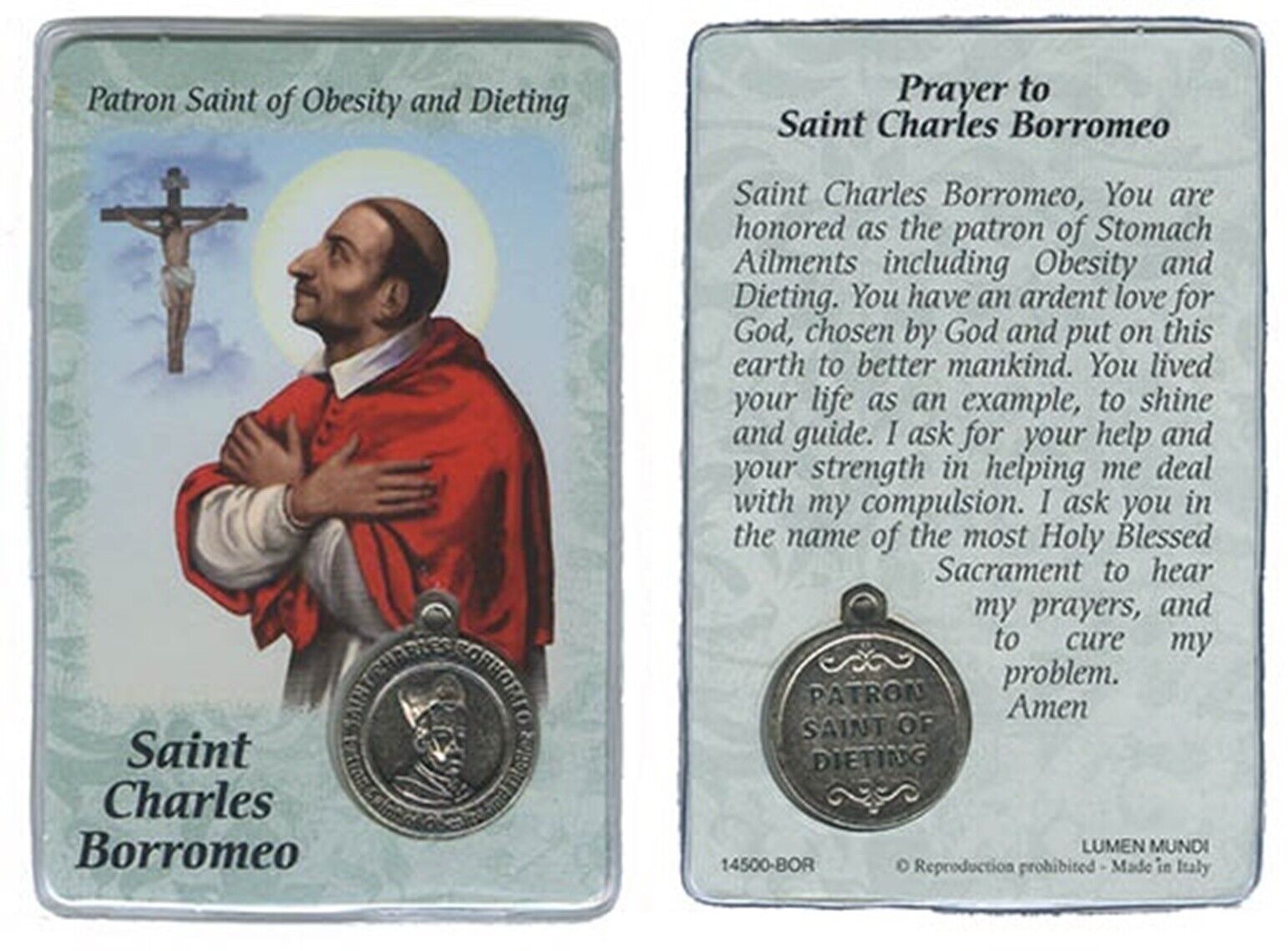 Holy Prayer Card St Charles Borromeo Obesity & Dieting Medal Laminated