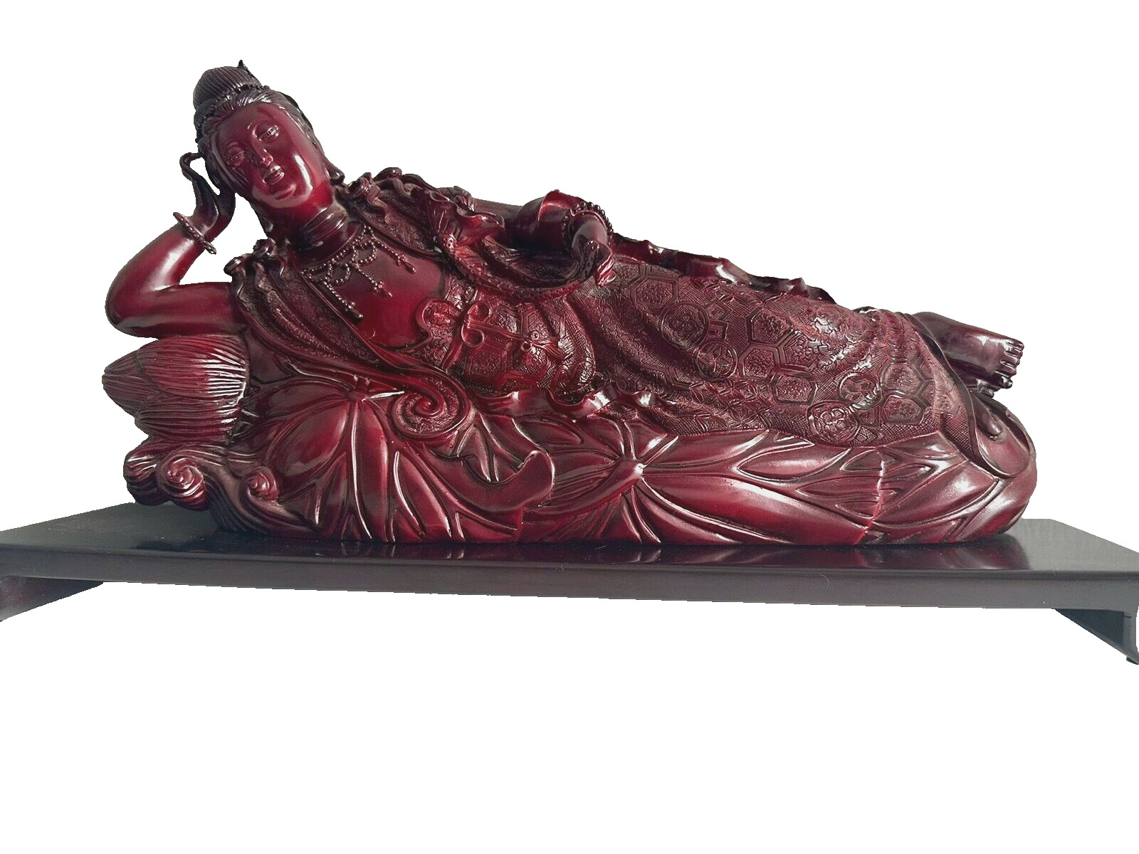 Vtg Large Reclining Guan Quan Yin Goddess Lotus Handcarved Resin /Wooden Stand