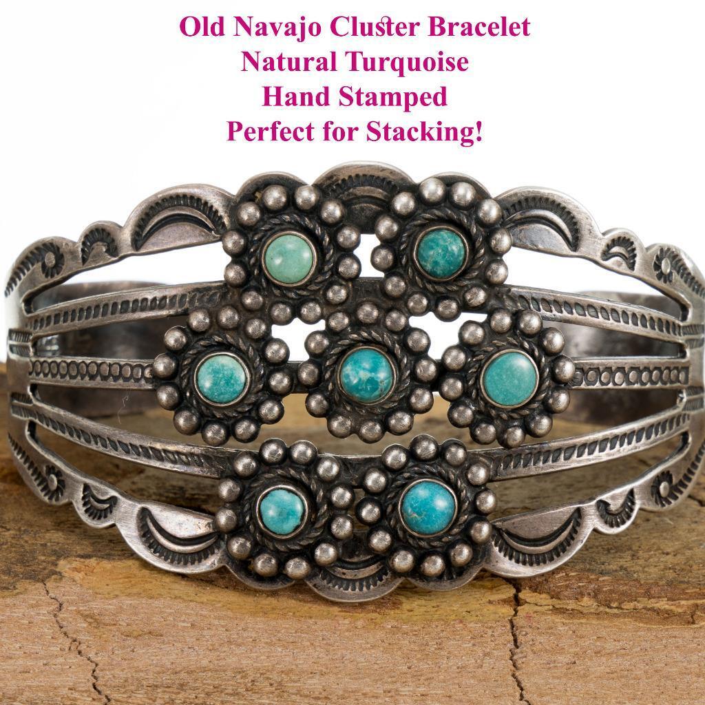 40\'s Old Navajo Bracelet Natural Turquoise Sterling Silver FRED HARVEY Era PAWN