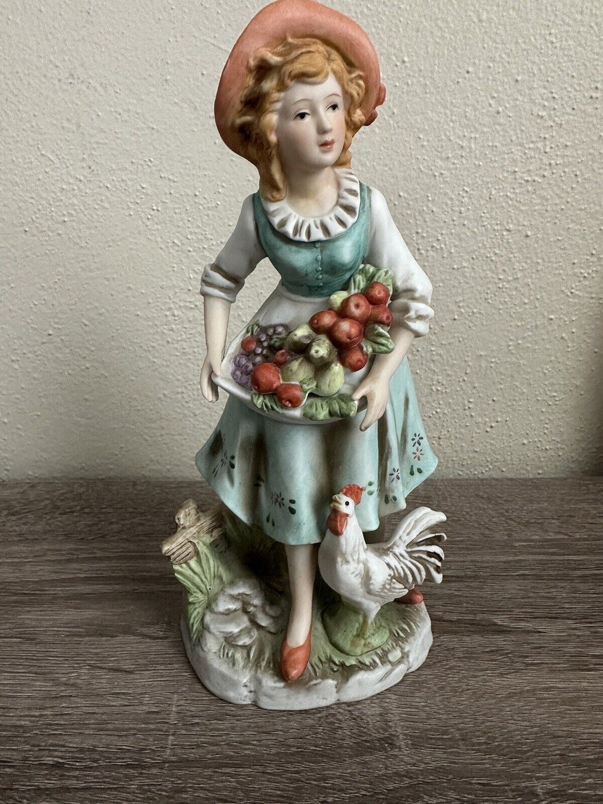 Vintage HOMCO #8881 Figurine – Farm Girl - Basket of Fruit & Rooster 8\