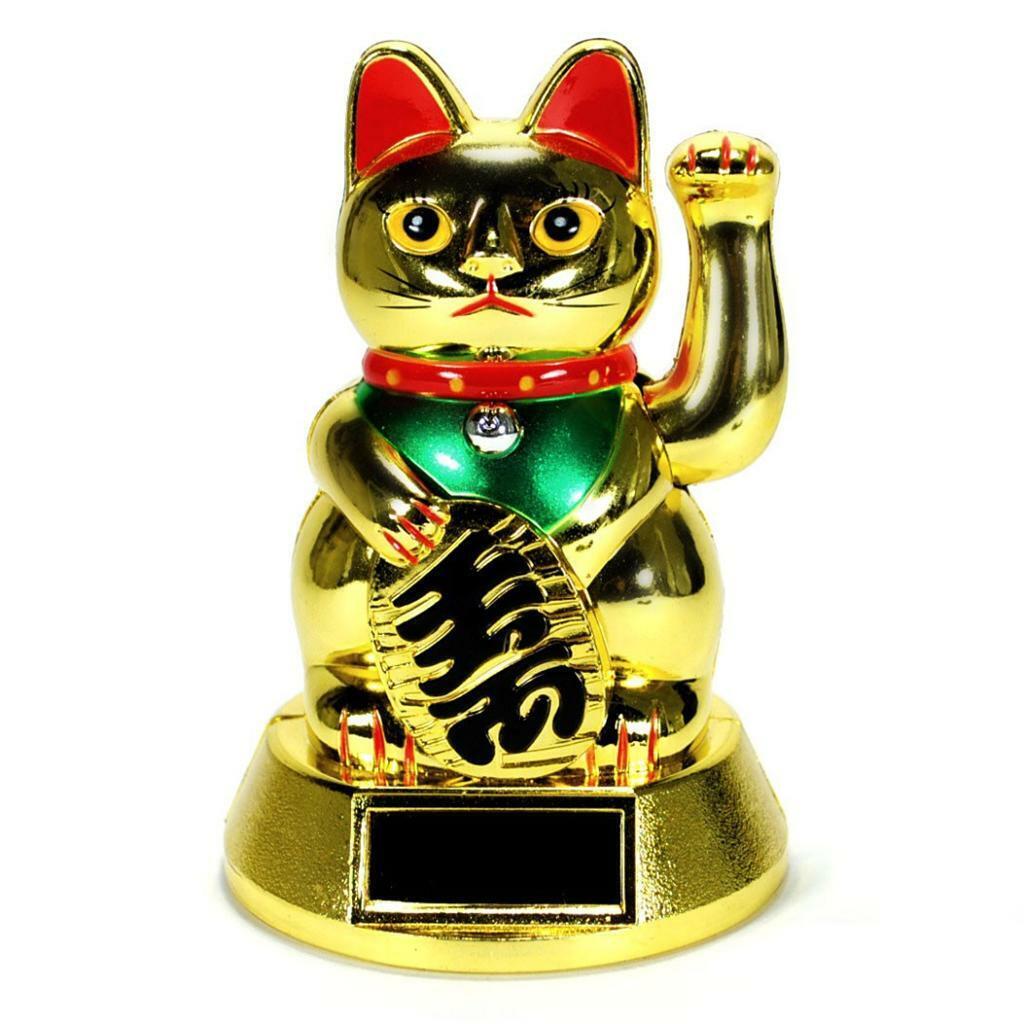 SOLAR POWER BECKONING CAT Gold Lucky Waving Kitty Maneki Neko Wealth Fortune