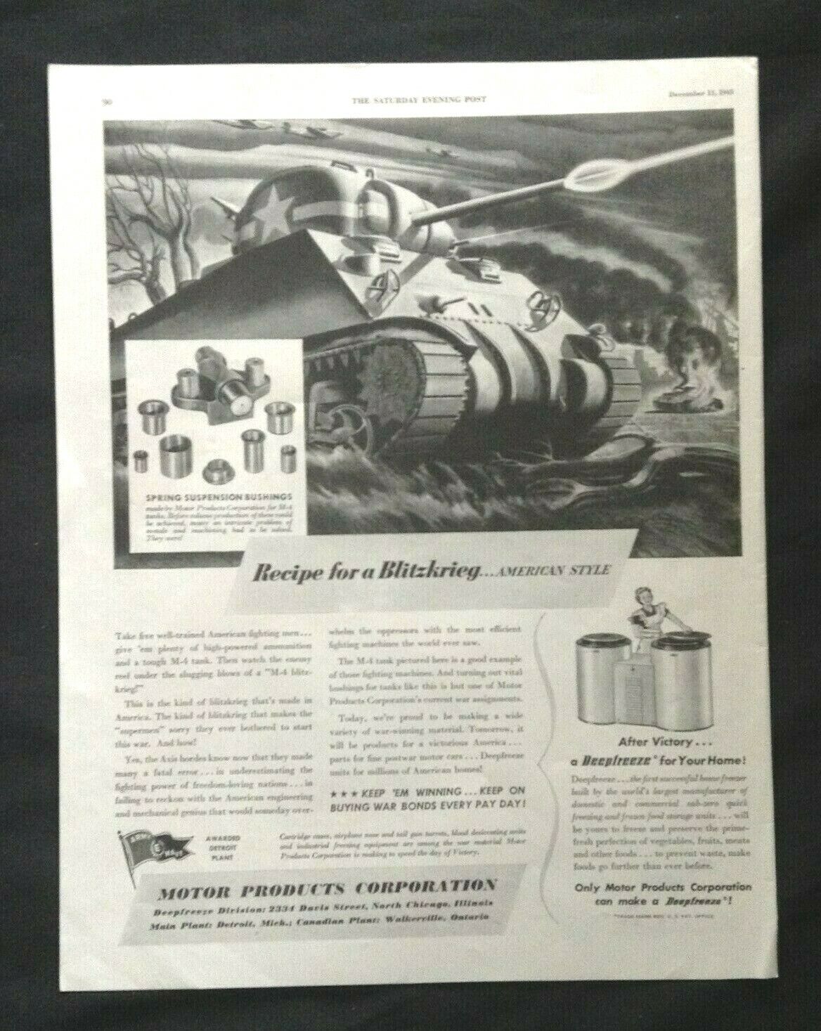 1943 VTG WWII Blitzkrieg M-4 Tank Print Ad ~ Motor Products Walkerville Ontario