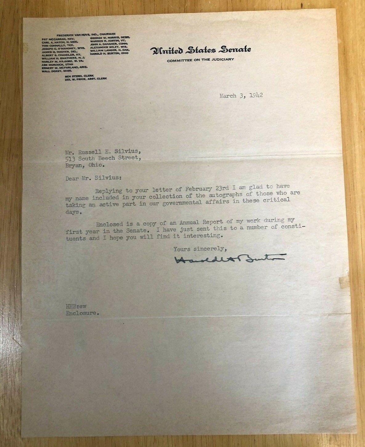 1942 Senator Harold Hitz Burton Letter Signed Supreme Court Justice Autographed