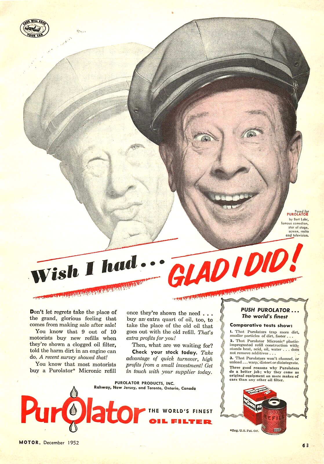 Vintage Purolator Oil Filters Dealer Service Print Ad, 1952