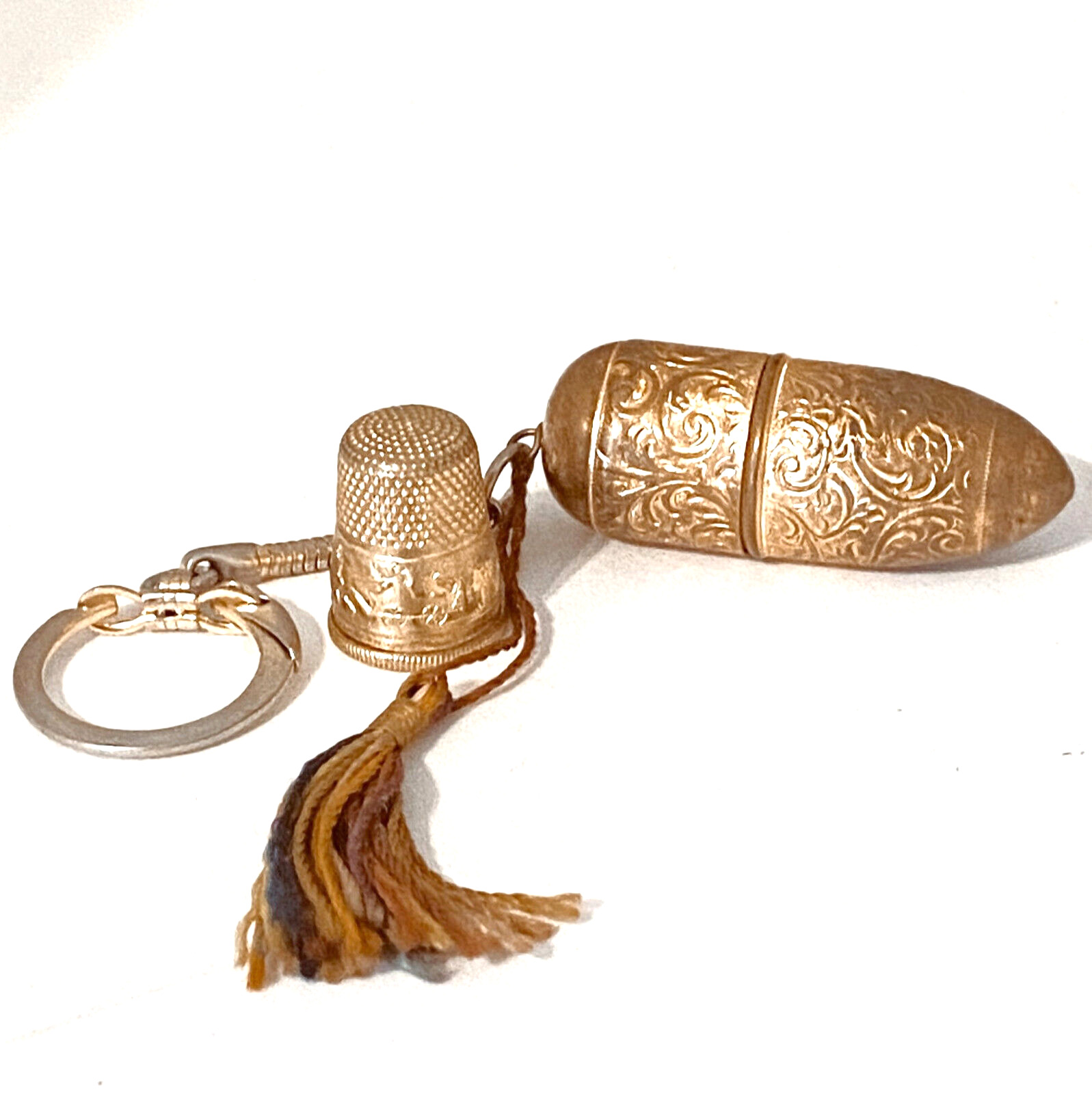 Vintage Sewing Keychain Austria Bullet Tube Thimble Thread Pins Gold Tone