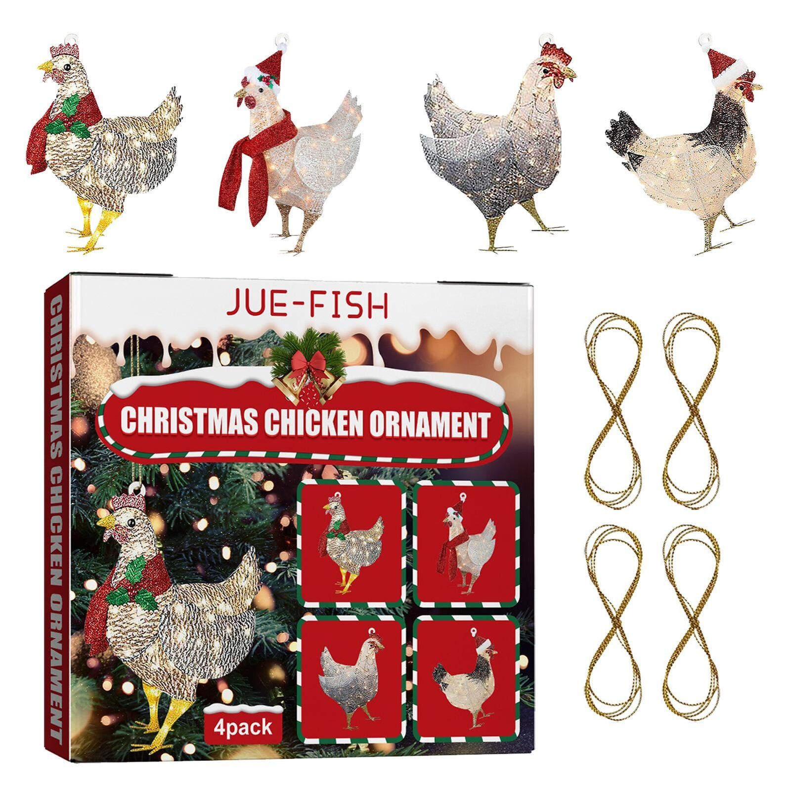 4pcs Vintage Chicken Merry Christmas Tree Farm Animal Ornament Decor