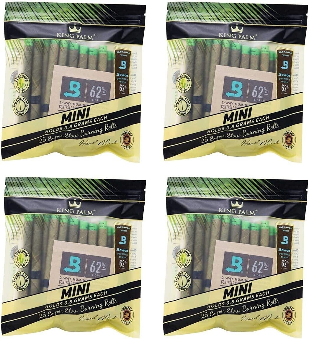 King Palm | Mini | Natural | Prerolled Palm Leafs | 4 Packs of 25 Each =100Rolls