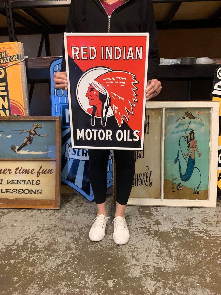 Antique Vintage Old Style Sign Red Indian Motor Oil Made USA