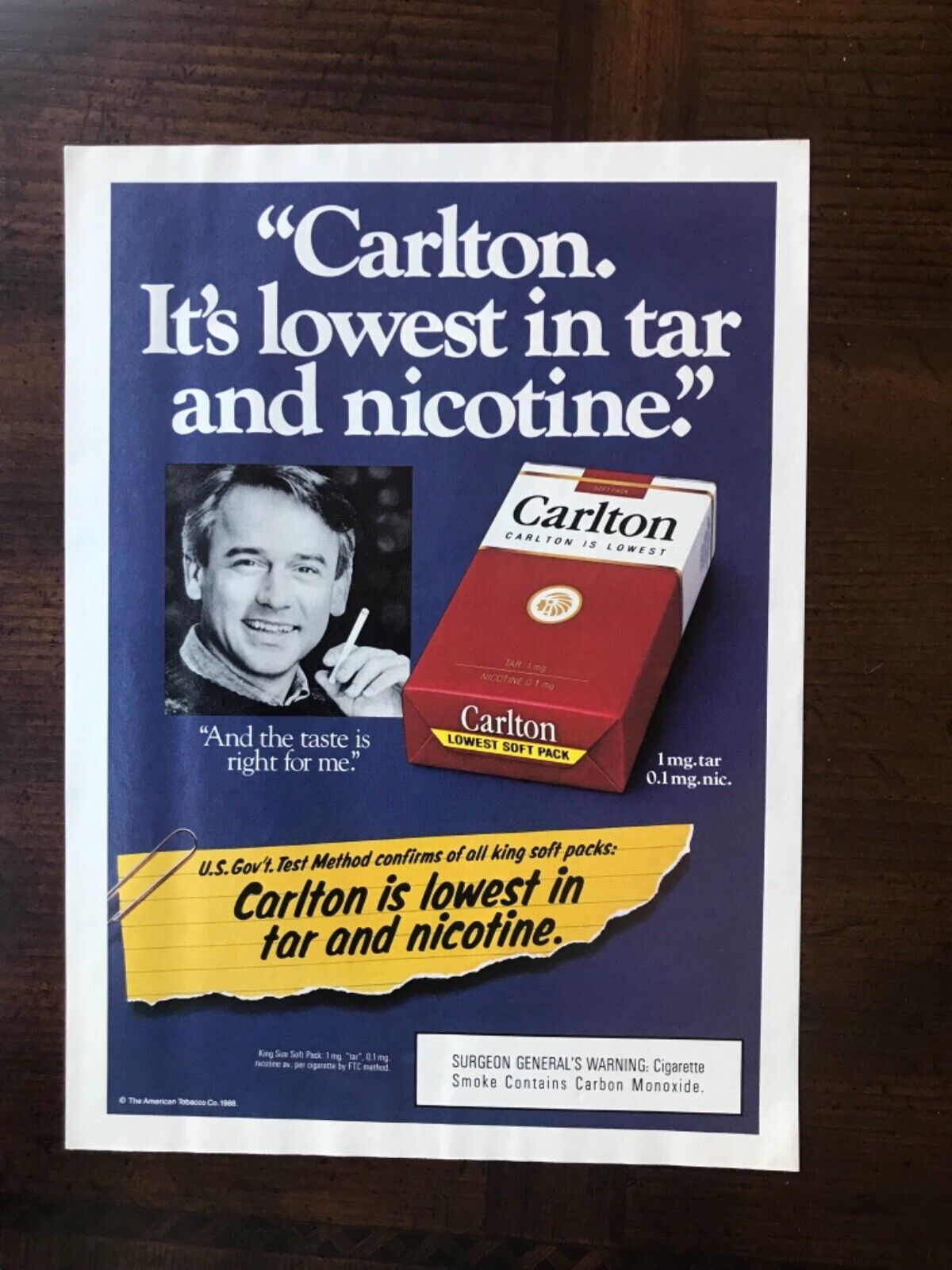 1989 vintage original print ad Carlton Cigarettes Lowest Tar & Nicotine 