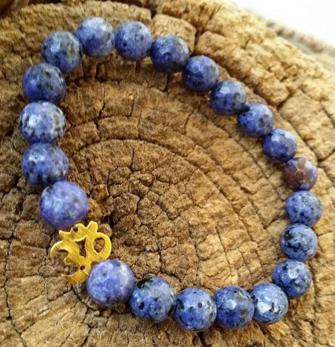 18 K Gold Om Ohm Celestial Blue Lapis Lazuli Healing Gemstone Beaded Bracelet 