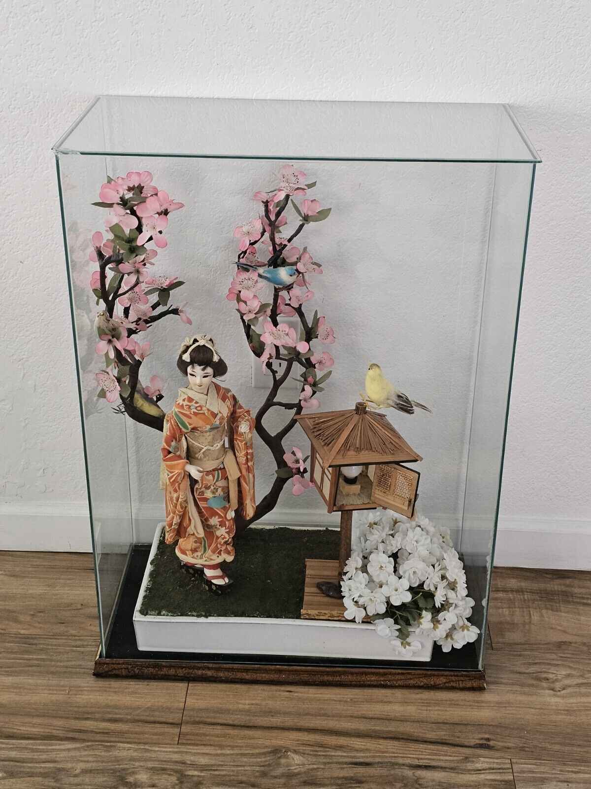 Early Showa Era Japanese Geisha In Glass Display Cherry Blossoms Shoji Lantern