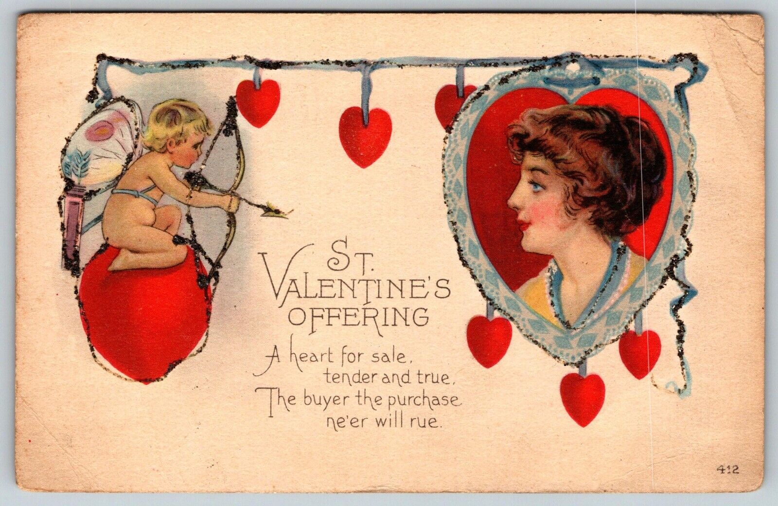 Antique St Valentines Offering Postcard Heart Glitter Cupid Arrow Pretty Lady J2