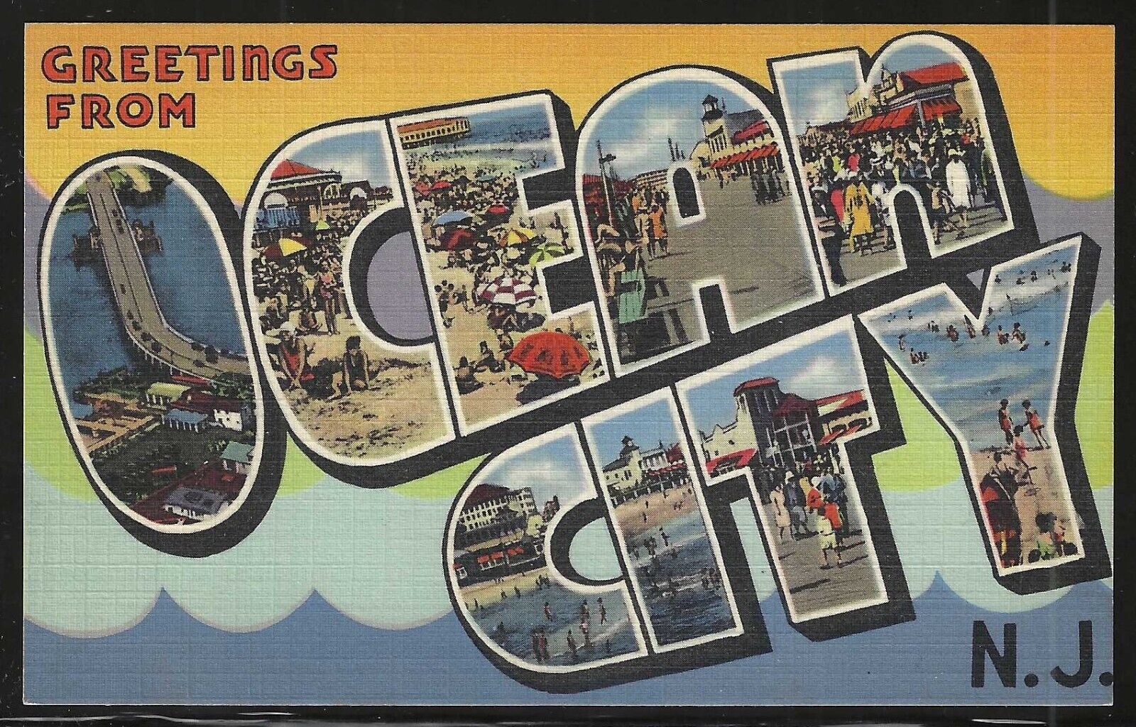 Large Letter: Greetings From Ocean City, N.J., Early Linen Postcard, Unused