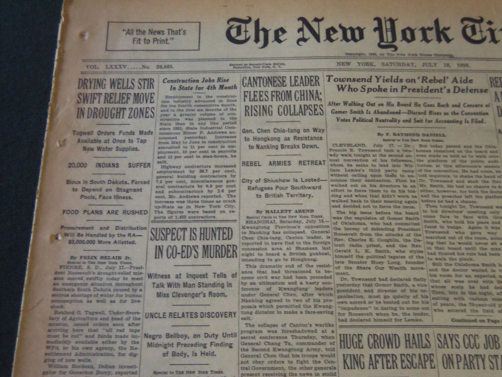 1936 JULY 18 NEW YORK TIMES - DRYING WELLS STIR RELIEF IN DROUGHT ZONES- NT 6723