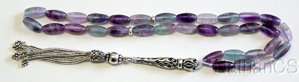 Prayer beads Tesbih oval Rainbow Fluorite & Sterling Silve Rare Cut Collector\'s