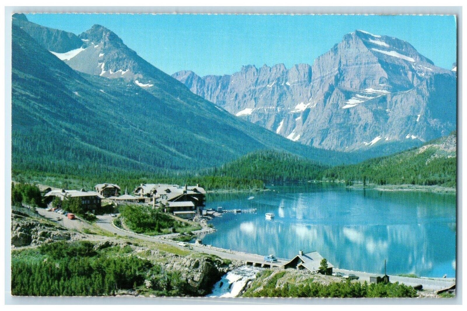 1965 Swift Current Lake Many Glacier Hotel River National Park Montana Postcard