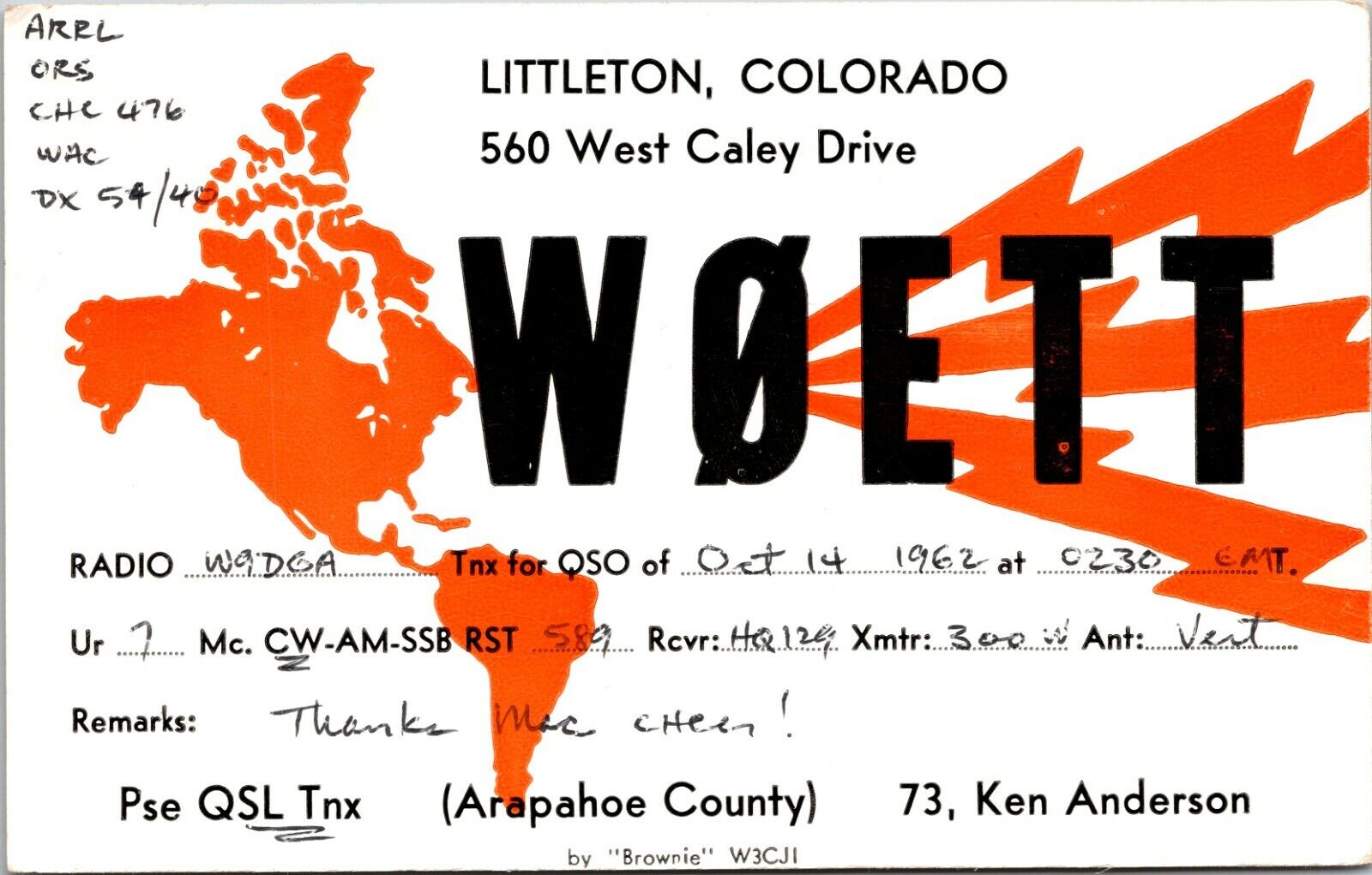 Vtg Ham Radio CB Amateur QSL QSO Card Postcard COLORADO LITTLETON W0ETT 1962