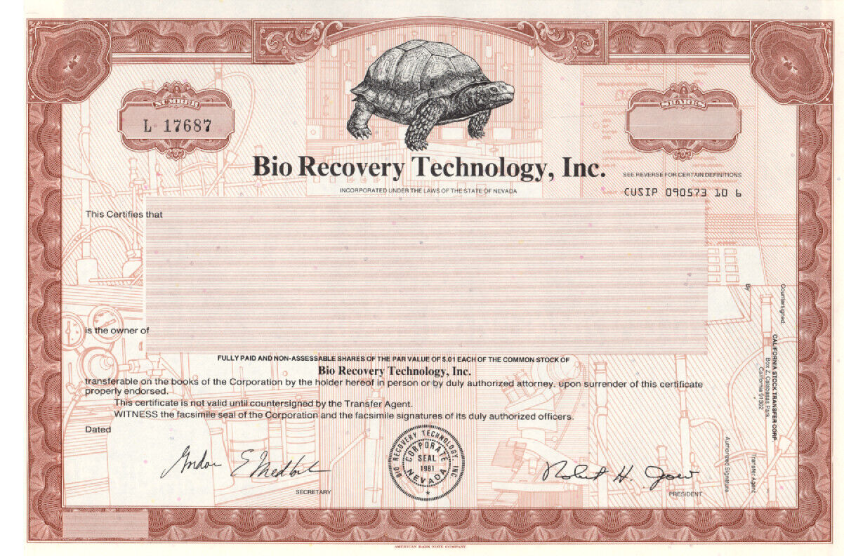 Bio Recovery Technology, Inc. - Original Stock Certificate -Unused - L17687