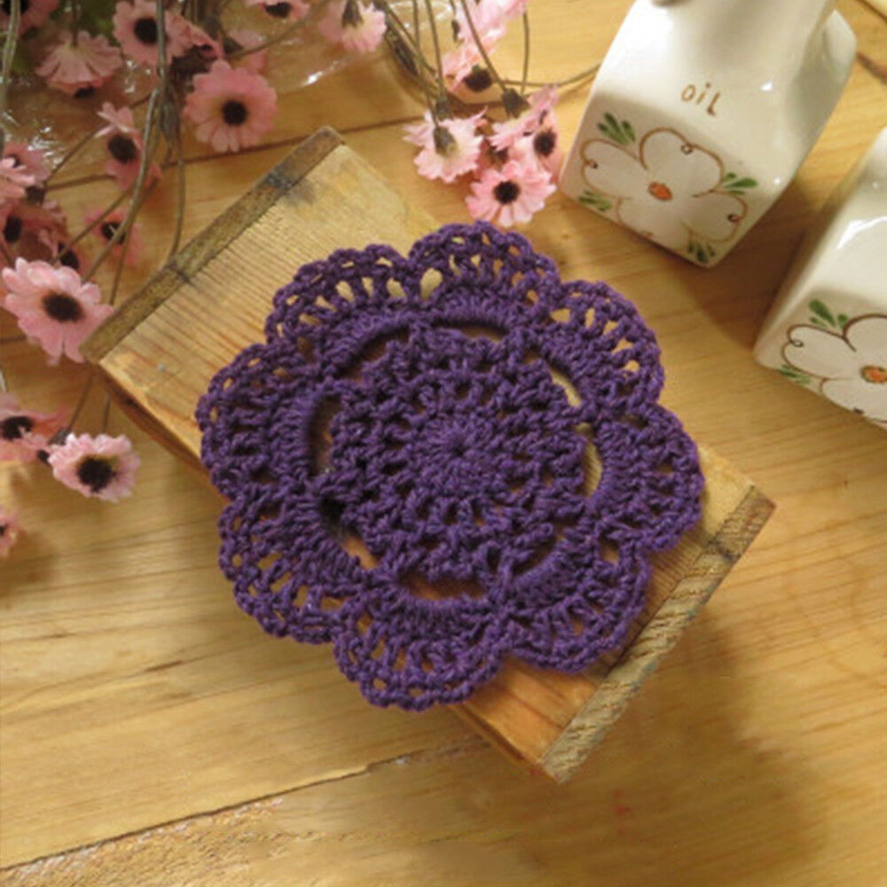4Pcs/Lot Purple Vintage Hand Crochet Lace Cotton Doilies Round Table Mats 10cm 