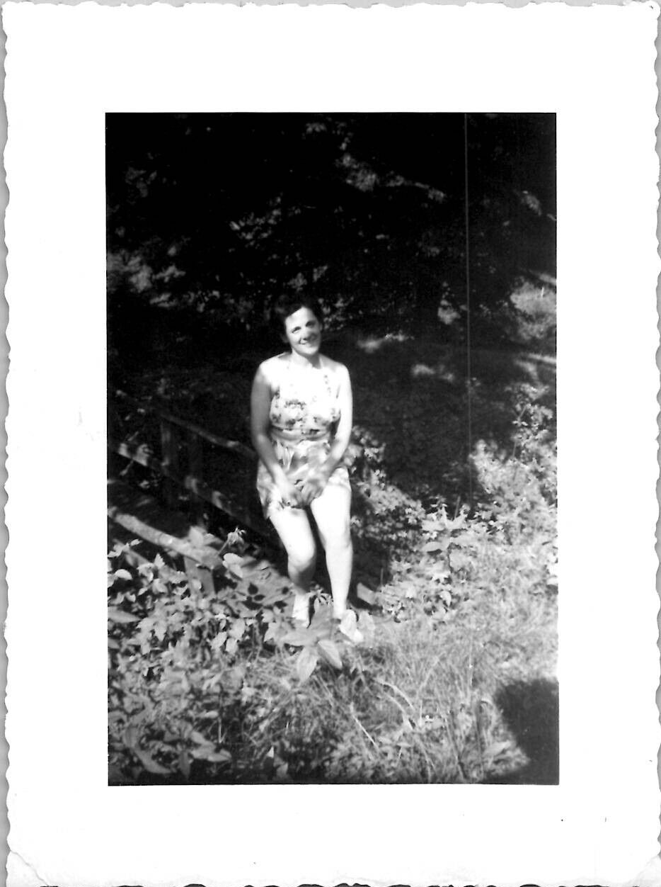 Curvy Sexy Woman Bathing Suit Thick Thighs at a Creek 1940s Vintage Photograph