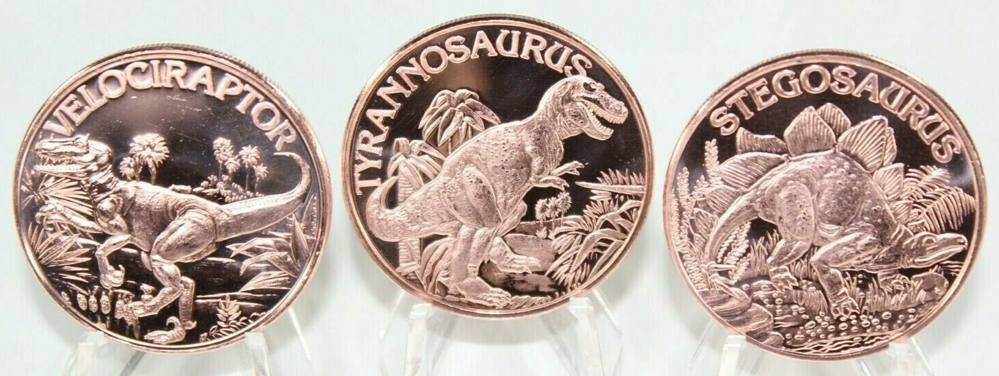 Copper Coins * 1oz. Ea. * 3pc. Dinosaur Set * Stegosaurus * T-Rex * Velociraptor