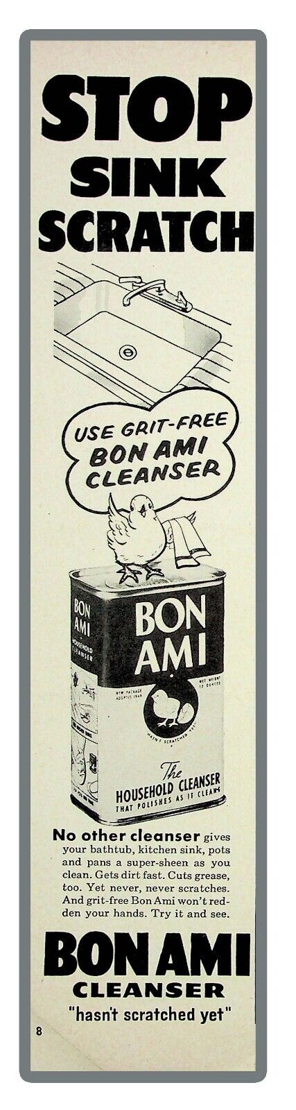 Bon Ami1954 STOP SINK SCRATCH Vintage Print Ad