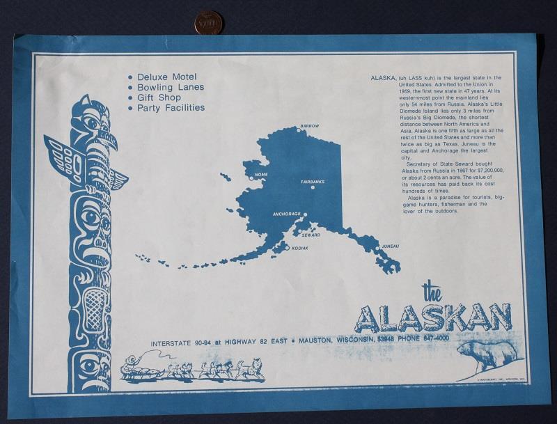 1960-70s Mauston Wisconsin The Alaskan Motel Bowling Lanes Gift Shop placemat
