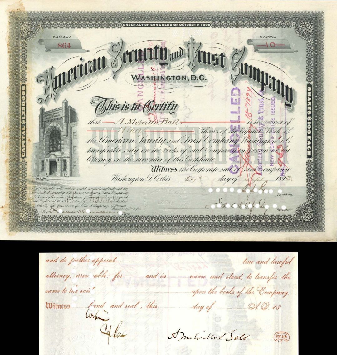 American Security and Trust Co. Issued to and Signed by A. Melville Bell - Stock