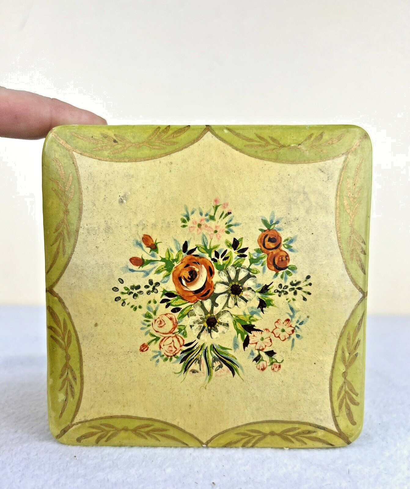 Vintage Paper Mache Box Hand Painted Ormond Japan Summer Flower Bouquet 4.5”