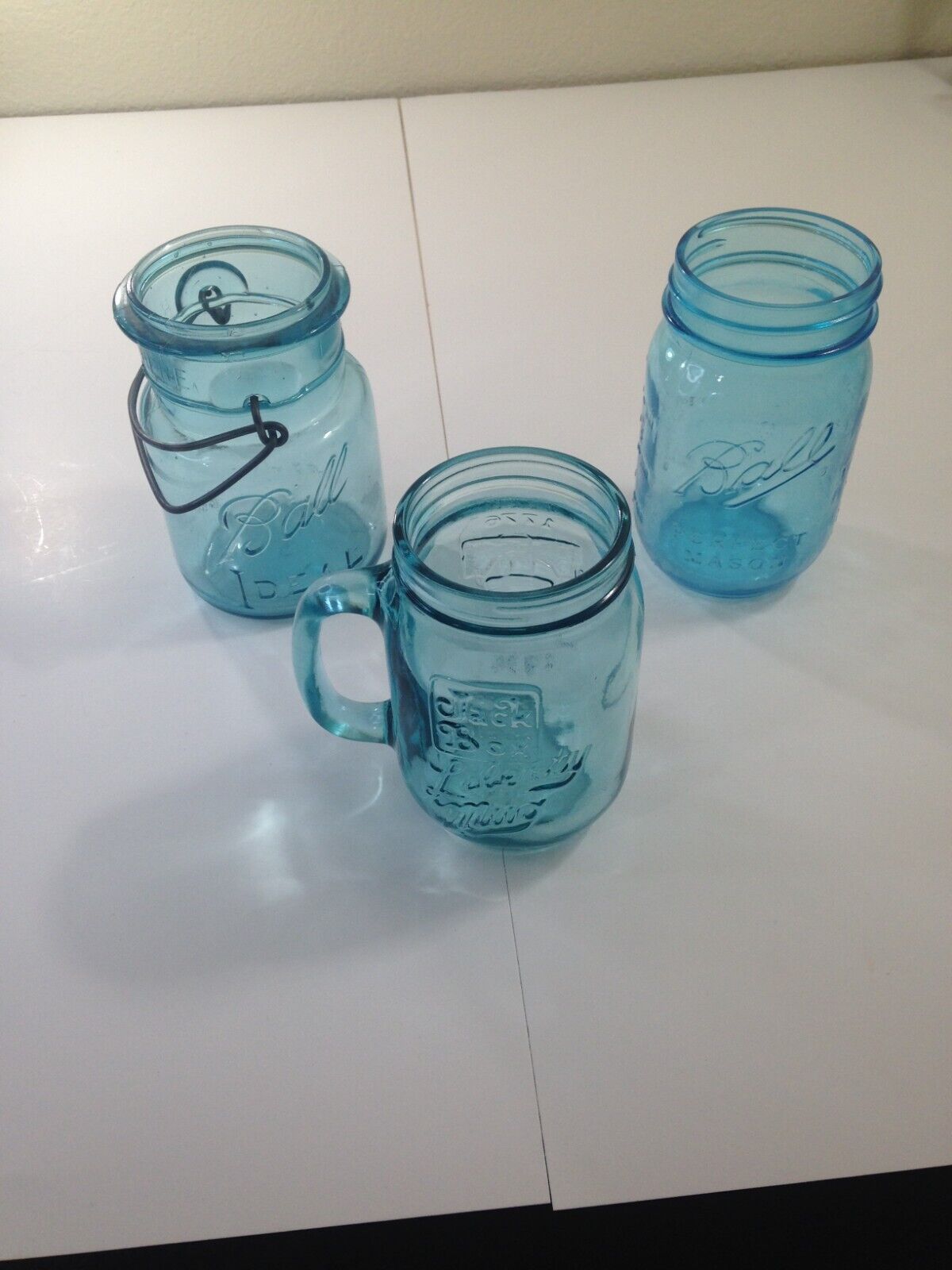 Blue glass jar trio lot Ball 100 yrs Jack in the Box Liberty mug bicentennial