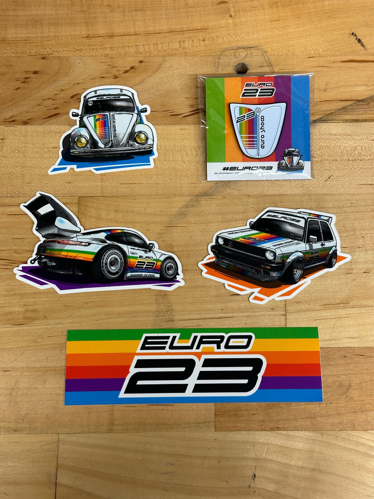 EURO23 Car Show VW Beetle Hood Rainbow Enamel Pin w Decal Limited Edition xx/100
