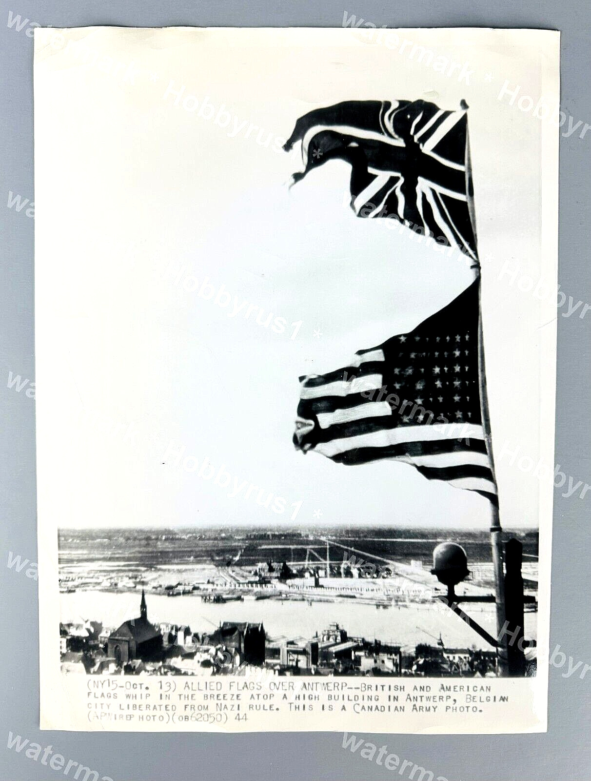 WWII US Flag Flying Over Belgium After Nazi Liberation 1944 Original Press Photo