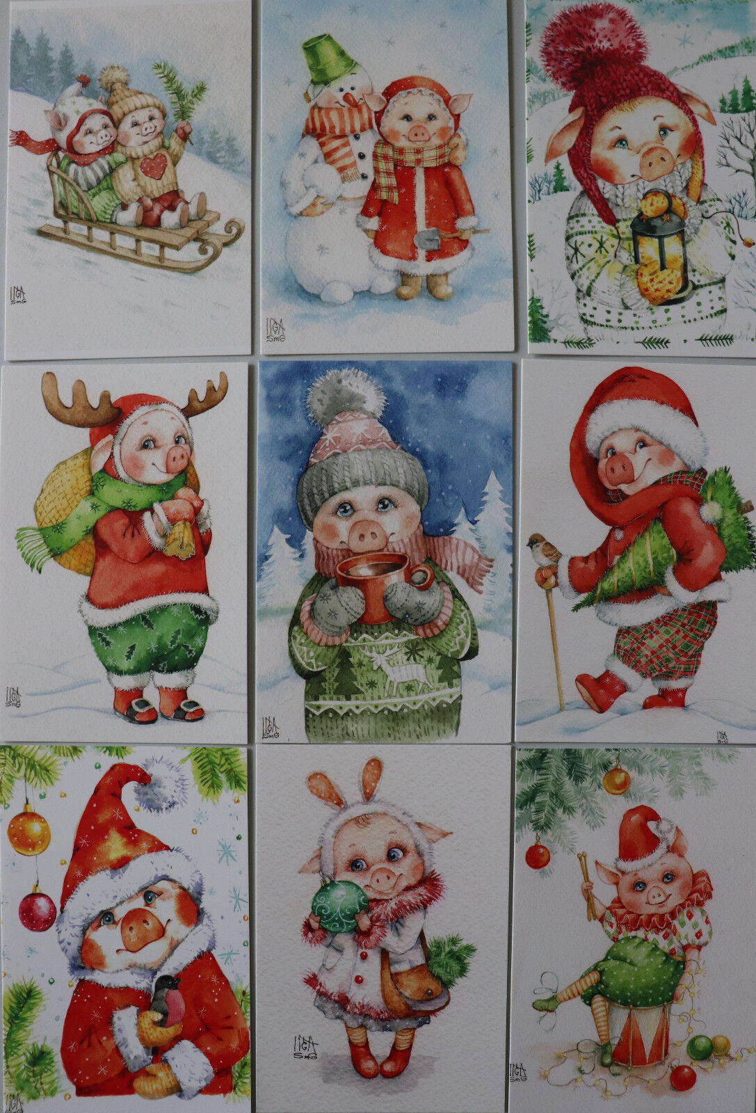 9psc set Christmas post greetings cards Inga Izmaylova SmG Pigs 6\