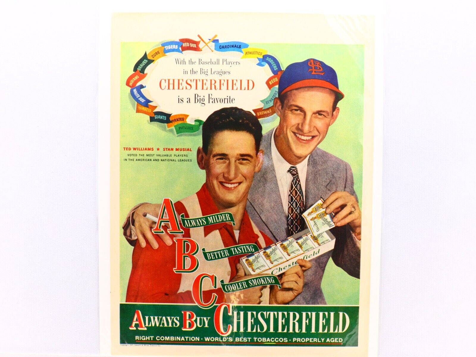 Authentic 1947 Chesterfield Ad, Baseball Stars Ted Williams And Stan Musial.