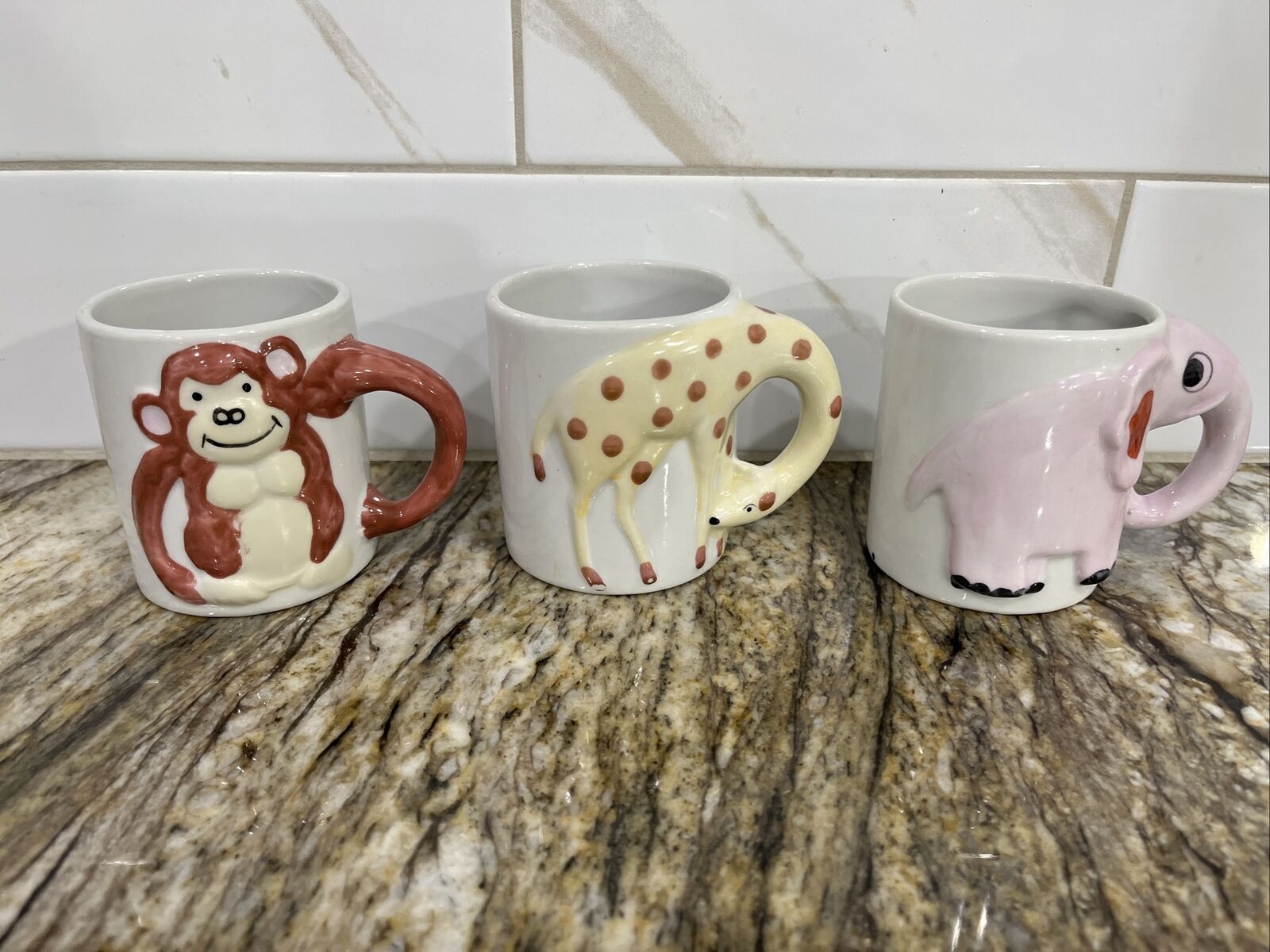 Vintage 1970s Animal Mugs Child Size Monkey Giraffe Elephant Kids Porcelain Cups