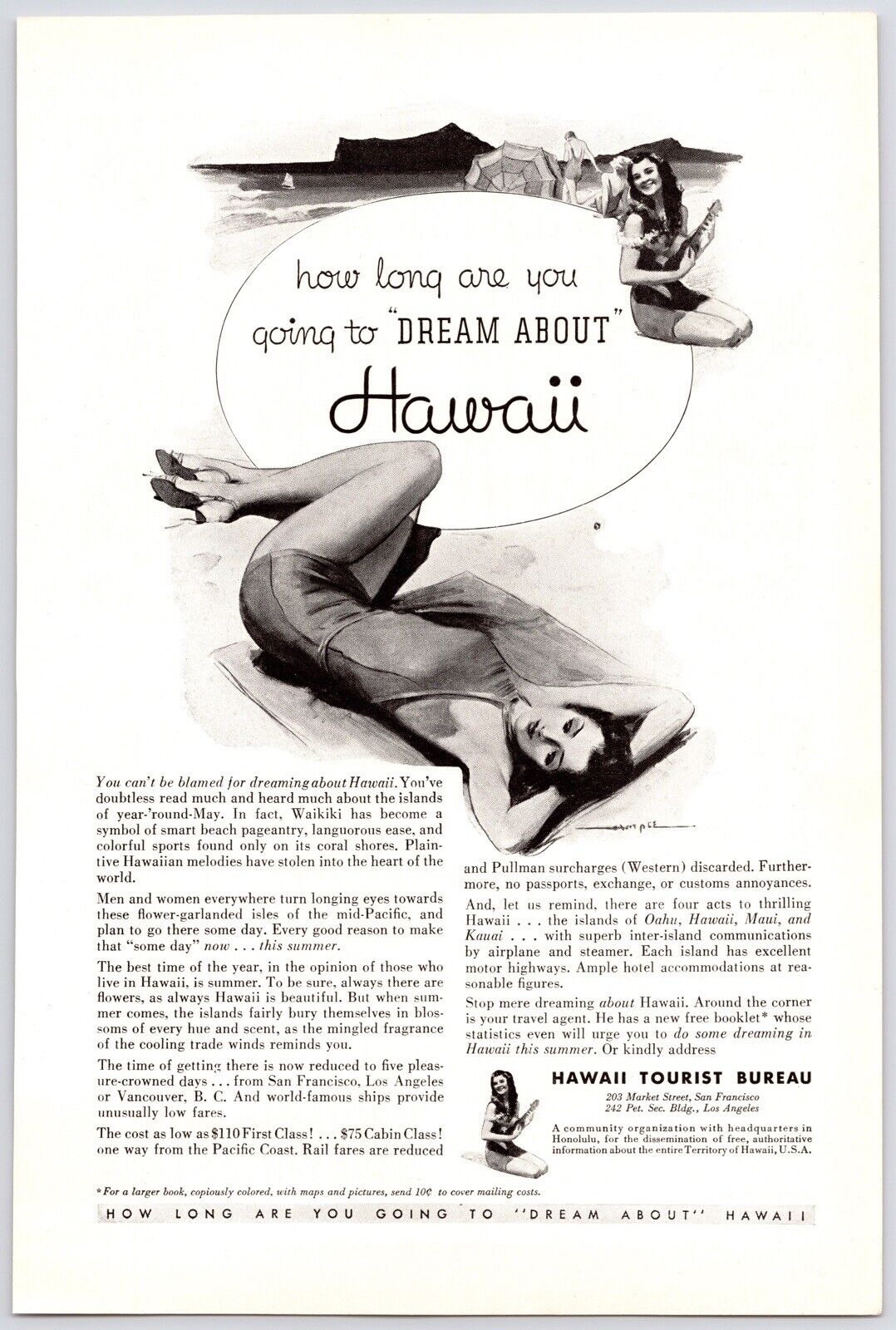 1930s~How Long Are You Going To Dream About Hawaii~Tourist~Travel~VTG Print Ad