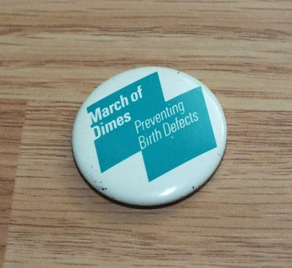 Vintage Green & White March of Dimes Preventing Birth Defects Button Pin