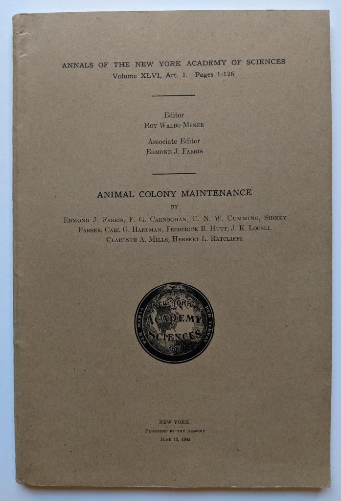 1945 NEW YORK ACADEMY of SCIENCES, ANIMAL COLONY MAINTENANCE, NY SCIENCE BIOLOGY